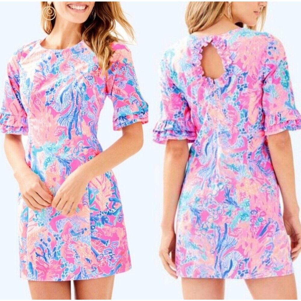 Lilly Pulitzer Dress Size 0 Light Pascha Pink Aquadesiac Fiesta Stretch Tropical - Picture 5 of 13